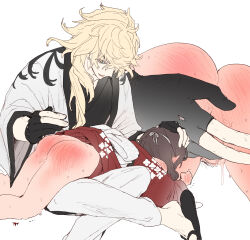  1boy 1girl ass black_gloves blonde_hair brown_hair colored_eyelashes commentary_request dal-gi female_saniwa_(touken_ranbu) gloves hetero highres ichimonji_norimune japanese_clothes kimono korean_commentary long_hair partially_fingerless_gloves pussy_juice simple_background slap_mark spanked spanking touken_ranbu white_background 