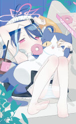  1girl absurdres alternate_costume antenna_hair armpits blue_archive blue_hair blush doughnut drink drinking_straw enmaided food fubuki_(blue_archive) grey_hair hair_ornament heart heart_hair_ornament highres long_hair looking_at_viewer maid maid_headdress multicolored_hair no_shoes panties panties_under_pantyhose pantyhose pushun_(muteki) red_eyes revision soles solo striped_clothes striped_panties stuffed_animal stuffed_cat stuffed_toy toes twintails underwear white_pantyhose 