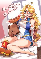  1girl ahoge arm_support bare_shoulders blonde_hair blue_eyes breasts burger capybara center_opening cleavage commentary_request commission earrings eye_mask food french_fries fukumaaya full_body holding holding_food hot_dog jewelry kamen_america kamen_america_(comic) ketchup large_breasts long_hair looking_at_viewer parted_bangs sitting skeb_commission star_(symbol) star_earrings thick_thighs thighs 