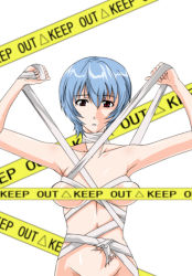  1girl arms_up ayanami_rei bandages bibi_(kairanbangate) blue_hair breasts caution_tape censored convenient_censoring female_focus neon_genesis_evangelion nude red_eyes short_hair solo white_background 
