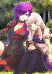  2girls breasts chin_rest cleavage commission dress fire_emblem fire_emblem:_three_houses fire_emblem_warriors:_three_hopes fukuroumori hair_over_one_eye head_on_head head_rest large_breasts long_hair lysithea_von_ordelia multiple_girls nintendo official_alternate_costume official_alternate_hairstyle purple_eyes purple_hair red_eyes shez_(female)_(fire_emblem) shez_(fire_emblem) sitting skeb_commission smile white_dress white_hair yuri 