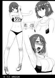  1girl armpits arms_up bare_arms bare_shoulders blush breasts buruma character_name cropped_torso full_body hair_ornament highres kokuryuugan midriff monochrome navel no_socks original pigeon-toed saliva shoes short_hair simple_background small_breasts sneakers sportswear standing stretching sweat tearing_up tongue tongue_out track_and_field white_background 