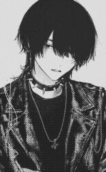  1boy collar greyscale hair_over_one_eye highres hirota_tsuu jacket jewelry leather leather_jacket looking_at_viewer male_focus monochrome necklace original parted_lips short_hair simple_background solo spiked_collar spikes upper_body 