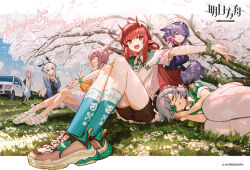  6+girls ahoge animal_ears arknights black_shorts car cherry_blossoms closed_eyes closed_mouth cowboy_shot cross-laced_footwear doughnut eyepatch falling_petals fang food fox_ears fox_tail green_socks hat holding holding_food kneehighs long_hair looking_at_viewer may_(arknights) medical_eyepatch motor_vehicle multiple_girls myrrh_(arknights) open_mouth outdoors petals pointy_ears popukar_(arknights) provence_(arknights) red_eyes red_hair sandals shirt shoes shorts sleeping smile sneakers socks spring_(season) tail tree vigna_(arknights) weedy_(arknights) white_hat white_shirt xiayehongming 