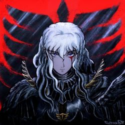  1boy armor artist_name berserk blood bloody_tears blue_eyes commentary crying crying_with_eyes_open english_commentary facing_viewer griffith_(berserk) highres long_hair looking_at_viewer male_focus red_background shoulder_armor solo tax_oc tears wavy_hair white_hair  rating:General score:4 user:danbooru