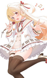  1girl absurdres ahoge blonde_hair blush brown_dress brown_footwear brown_thighhighs dress fortissimo hair_ornament hair_ribbon high_heels highres holding holding_microphone hololive hololive_dev_is jacket long_hair looking_at_viewer microphone musical_note musical_note_hair_ornament one_side_up open_mouth otonose_kanade red_eyes red_ribbon ribbon short_dress smile solo teeth thighhighs toui_penko upper_teeth_only virtual_youtuber white_background white_jacket 