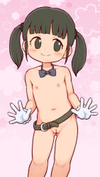 1girl belt black_eyes black_hair bow bowtie cleft_of_venus flat_chest gloves lasto loli nipples nude original pussy short_twintails smile solo twintails rating:Explicit score:221 user:danbooru