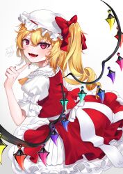  1girl :d absurdres adapted_costume ascot back_bow blonde_hair blush bow commentary_request cowboy_shot crossed_bangs crystal eyelashes fangs flandre_scarlet frilled_shirt_collar frilled_skirt frills from_side hair_between_eyes hair_bow hair_ribbon hand_up happy hat highres index_finger_raised kodouirasto long_hair looking_at_viewer mob_cap nail_polish open_mouth petticoat pointy_ears puffy_short_sleeves puffy_sleeves red_bow red_eyes red_nails red_ribbon red_skirt red_vest ribbon shirt short_sleeves side_ponytail signature simple_background skirt sleeve_bow slit_pupils smile solo teeth tongue touhou tsurime vest wavy_hair white_background white_bow white_hat white_shirt wings yellow_ascot 