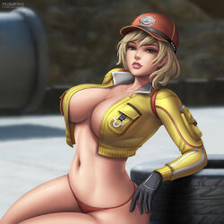  1girl blonde_hair breasts cidney_aurum cleavage female_focus final_fantasy final_fantasy_xv flowerxl green_eyes jacket large_breasts looking_at_viewer no_bra open_clothes open_jacket panties solo square_enix thick_thighs thighs underwear wide_hips 