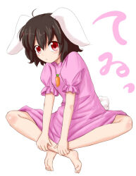  1girl ahoge animal_ears barefoot black_hair blush carrot_necklace collar commentary_request crossed_legs dress feet floppy_ears frilled_collar frilled_sleeves frills full_body hair_between_eyes hands_on_own_legs inaba_tewi jewelry looking_at_viewer medium_hair mokuyou necklace pink_dress puffy_short_sleeves puffy_sleeves rabbit_ears rabbit_tail red_eyes short_sleeves simple_background solo tail touhou translation_request white_background 