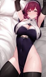  1girl alternate_costume armpits arms_up bed_sheet black_gloves black_thighhighs breasts cameltoe cleavage cleft_of_venus closed_mouth covered_navel elbow_gloves gloves groin habit highleg highleg_dress highres honkai:_star_rail honkai_(series) izulizuru kafka_(honkai:_star_rail) large_breasts looking_at_viewer lying nun on_back pelvic_curtain pillow purple_eyes purple_hair side_slit smile solo sweat thighhighs thighs wing_collar  rating:Questionable score:56 user:danbooru