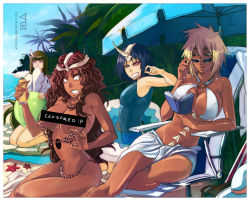  10s 2012 4girls anhellica arrancar ball bar_censor beach beachball bikini bleach blonde_hair blue_eyes blue_hair blunt_bangs blush book breasts brown_hair censored chair cleavage clenched_teeth closed_eyes covering_own_mouth cyan_sung-sun dark-skinned_female dark_skin day emilou_apacci english_text evil_grin evil_smile facial_mark franceska_mila_rose green_eyes green_hair grin heterochromia horns innertube kneeling large_breasts long_hair looking_at_another lotion multiple_girls number_tattoo ocean one-piece_swimsuit open_book outdoors palm_tree pulling sarong short_hair single_horn sitting sleeves_past_wrists smile starfish sunglasses sunscreen swim_ring swimsuit tattoo teeth tier_harribel topless towel tree umbrella watermark wavy_hair web_address white_bikini yellow_eyes  rating:Questionable score:214 user:lawxy