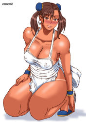 alternate_hairstyle apron blush breasts capcom chun-li dark_skin earrings flats housewife jewelry large_breasts mature_female naked_apron papepox2 smile street_fighter tan tanline twintails rating:Questionable score:40 user:jojosstand