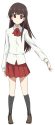 1girl arm_at_side ascot black_socks brown_footwear brown_hair closed_mouth collared_shirt expressionless full_body highres ib_(ib) ib_(kouri) kneehighs loafers long_hair long_sleeves looking_at_viewer maruki_(punchiki) outstretched_arm pleated_skirt red_ascot red_eyes red_skirt shirt shoes simple_background skirt socks solo standing white_background white_shirt wing_collar