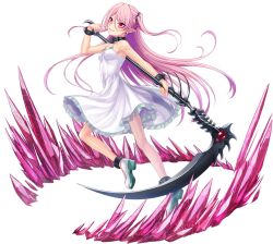  1girl artist_request bare_legs breasts collaboration demon_girl dress felicia_(taimanin_kurenai) female_focus full_body grin highres holding holding_scythe holding_weapon jumping lilith-soft long_hair looking_at_viewer looking_to_the_side official_art pink_hair pointy_ears red_eyes scythe small_breasts smile solo taimanin_(series) taimanin_kurenai taimanin_rpgx transparent_background twintails very_long_hair weapon white_dress 