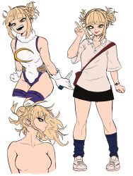  1girl absurdres blonde_hair blunt_bangs boku_no_hero_academia bracelet cosplay dashi_(dashiart) double_bun fangs flat_color hair_bun highres holding holding_knife holding_weapon jewelry knife messy_hair mirko_(cosplay) multiple_views no_nipples nude open_mouth shoes sidelocks skirt slit_pupils solo toga_himiko tongue tongue_out v weapon yellow_eyes 