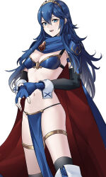  1girl ameno_(a_meno0) armor bikini bikini_armor blue_bikini blue_eyes blue_hair boots breasts cape elbow_gloves fingerless_gloves fire_emblem fire_emblem_awakening fold-over_boots gloves loincloth long_hair lucina_(fire_emblem) navel nintendo open_mouth shoulder_armor simple_background small_breasts smile solo standing swimsuit symbol-shaped_pupils tiara very_long_hair white_background 