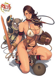  10s 1girl ball_and_chain_restraint battle_damage bikini branwen_(queen&#039;s_blade) breasts brown_hair chain chipped_shield cleavage collar cracked_shield cracked_sword damaged_ball_and_chain_restraint damaged_shield damaged_sword damaged_weapon goblin goblin_male heterochromia large_breasts leash legs long_hair oda_non on_one_knee queen&#039;s_blade queen&#039;s_blade_rebellion revealing_clothes scratched_sword shield slave solo swimsuit sword thighs weapon white_bikini  rating:Questionable score:106 user:danbooru