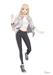  1girl absurdres black_choker black_footwear black_pants blonde_hair choker colored_tips crop_top full_body grey_jacket high-waist_pants highres jacket kitagawa_marin long_hair max_do_(dastan) multicolored_hair navel open_mouth pants pink_hair red_eyes red_nails revision shirt shoes simple_background sneakers solo sono_bisque_doll_wa_koi_wo_suru straight_hair white_background white_jacket white_shirt 