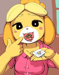  1girl :d animal_crossing animal_ears black_eyes blonde_hair blush blush_stickers body_fur breasts buttons collarbone collared_shirt commentary_request dog_ears dog_girl furry furry_female highres holding iizuna_(milky_walker) index_finger_raised isabelle_(animal_crossing) looking_at_viewer napkin nintendo open_mouth partially_unbuttoned pink_shirt raised_eyebrows shirt short_sleeves sketch smile solo teeth tongue upper_body upper_teeth_only window yellow_fur 