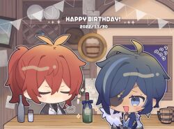  2boys :d antenna_hair bar_(place) bartender beer_keg black_necktie black_shirt blue_bow blue_eyes blue_hair blue_vest blush blush_stickers bottle bow chibi cleavage_cutout closed_eyes clothing_cutout collared_shirt commentary_request counter crossed_bangs dark-skinned_male dark_skin dated diluc_(genshin_impact) dress_shirt earrings eyepatch flying_sweatdrops fur_trim genshin_impact hair_between_eyes hair_intakes hair_over_shoulder happy_birthday high_ponytail indoors jar jewelry kaeya_(genshin_impact) koma_(km_mmmk) lapels long_hair long_sleeves low_ponytail male_focus multicolored_hair multiple_boys necktie night one_eye_covered open_mouth paper parted_bangs picture_frame ponytail puff_of_air red_hair shelf shirt sidelocks single_earring smile sparkle streaked_hair string_of_flags sweatdrop swept_bangs tankard v-shaped_eyebrows vest white_shirt white_vest window wine_bottle wing_collar 