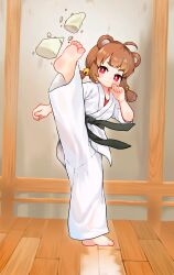  1girl absurdres ahoge animal_ears barefoot bear_ears bear_girl belt black_belt bright_pupils brown_hair chinese_commentary commentary_request dougi feet full_body high_kick highres indoors kicking kuma-bound low_twintails martial_arts_belt original pants red_eyes short_twintails soles solo toes twintails white_pants white_pupils 