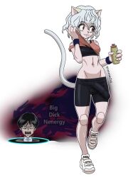  1boy 1futa :3 absurdres animal_ears bike_shorts black_sports_bra bottle breasts cat_ears cat_tail commentary english_commentary fewer_digits futanari highres holding hunter_x_hunter joints knov looking_to_the_side medium_breasts midriff mmmalice navel neferpitou penis shoes sneakers sports_bra tail testicles transparent_background water_bottle  rating:Explicit score:30 user:danbooru