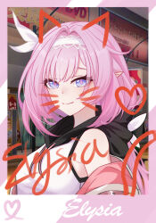  1girl absurdres alternate_costume armpit_crease bare_shoulders black_hood blue_eyes bow breasts character_name chinese_commentary commentary drawn_ears drawn_heart drawn_tail drawn_whiskers elysia_(honkai_impact) from_side hair_between_eyes hair_bow hair_intakes heart highres honkai_(series) honkai_impact_3rd hood hoodie jacket jacket_partially_removed large_breasts long_hair looking_at_viewer m78_zaitaoaotezhanshi outdoors photo_(object) pink_hair pink_jacket pink_pupils pointy_ears sidelocks smile solo two-tone_hoodie upper_body white_bow white_hoodie 