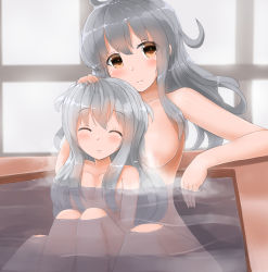 bath bathing bathroom blush breasts closed_mouth commentary closed_eyes gangut_(kancolle) grey_hair hair_between_eyes hand_on_another&#039;s_head hibiki_(kancolle) highres kantai_collection large_breasts long_hair looking_at_viewer nude orange_eyes redundant-cat sitting small_breasts smile steam window rating:Questionable score:9 user:danbooru