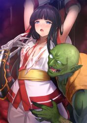  1boy 1girl ainu_clothes armpits arms_up bdsm black_hair blood blue_eyes blush bondage bound breasts claw_(weapon) defeat evil_smile gen-an hair_ribbon highres injury legs long_hair moaning molestation nakoruru nipples no_bra open_mouth pants ribbon samurai_spirits small_breasts smile snk sweat thighs torn_clothes weapon 