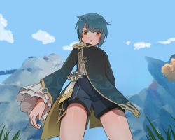  1boy black_jacket blue_hair blush chinese_clothes cloud cloudy_sky day earrings frilled_sleeves frills genshin_impact grass highres jacket jewelry long_sleeves looking_at_viewer male_focus mountain open_mouth outdoors short_hair shorts single_earring sky smile solo tassel tassel_earrings thighs trap xiang_kong xingqiu_(genshin_impact) yellow_eyes  rating:Sensitive score:14 user:danbooru
