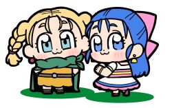 2girls :3 aged_down arms_behind_back belt bianca_(dq5) bkub blonde_hair blue_eyes blue_hair blush bow bracelet braid brown_footwear cape child closed_mouth dragon_quest dragon_quest_v dress earrings flora_(dq5) from_behind full_body green_cape hair_bow hair_pulled_back huge_bow jewelry long_hair looking_back multiple_girls orange_dress parody pink_bow poptepipic standing style_parody twin_braids twintails white_background white_dress