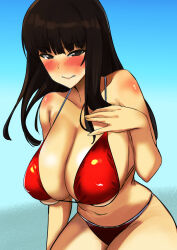  1girl bikini biting_own_lip black_hair blue_background blunt_bangs blush breasts brown_eyes cleavage collarbone covered_erect_nipples girls_und_panzer gradient_background hand_on_own_chest huge_breasts leaning_forward long_hair looking_at_viewer mature_female navel nishizumi_shiho red_bikini shino_(ten-m) skindentation solo straight_hair swimsuit 