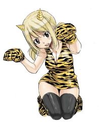 1girl animal_print blonde_hair breasts cleavage fairy_tail hip_focus horns large_breasts lucy_heartfilia mashima_hiro official_art solo tiger_print rating:Sensitive score:35 user:Locke831