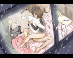 1boy 1girl amagami bad_id bad_pixiv_id barefoot bed bed_sheet belt black_hair blue_pants blush bob_cut bottomless brother_and_sister brown_hair chair closed_eyes clothed_sex condom condom_packet_strip condom_wrapper curtains desk from_outside girl_on_top hetero hug incest indoors leg_lock legs letterboxed long_legs moaning office_chair on_bed open_mouth panties panties_around_leg pants unworn_pants photoshop_(medium) pillow pussy_juice pussy_juice_stain saitou_masatsugu sex shirt short_hair shorts unworn_shorts siblings snow speech_bubble straddling sweat swivel_chair tachibana_jun&#039;ichi tachibana_miya tissue_box translated trash_can underwear upright_straddle white_panties white_shirt white_shorts window rating:Explicit score:670 user:danbooru