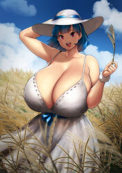  1girl absurdres bare_shoulders blue_hair blue_ribbon blunt_bangs bracelet branch breasts cleavage cloud cloudy_sky collarbone commentary cowboy_shot day dress earrings english_commentary erkaz floral_print grin hand_up hat highres holding holding_branch huge_breasts jewelry long_hair looking_at_viewer open_mouth original outdoors pink_lips purple_eyes redrawn ribbon rina_atherina sidelocks sky smile solo spaghetti_strap straight_hair straw_hat wheat_field white_dress  rating:Sensitive score:23 user:danbooru