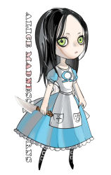  007_(pixiv295076) alice:_madness_returns alice_(alice_in_wonderland) alice_in_wonderland alice_liddell_(american_mcgee&#039;s_alice) american_mcgee&#039;s_alice american_mcgee's_alice bad_id black_hair dress english_text green_eyes knife long_hair lowres simple_background 