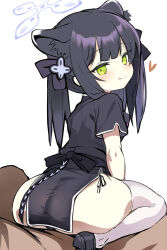  1boy 1girl absurdres animal_ear_fluff animal_ears ass black_dress black_hair blue_archive blush breasts china_dress chinese_clothes dress green_eyes hair_ornament halo highres loli long_hair looking_at_viewer looking_back pelvic_curtain shimejinameko short_sleeves shun_(blue_archive) shun_(small)_(blue_archive) side_slit sidelocks sitting sitting_on_person small_breasts smile solo_focus thighhighs tiger_ears two_side_up white_thighhighs 