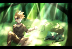 1boy bad_id bad_pixiv_id belt black_shirt blue_(pokemon) blurry blurry_background breast_pocket brown_eyes brown_hair brown_pants bulbasaur claws clenched_hand collarbone creatures_(company) cuts day eye_contact fangs fist_bump forest full_body game_freak gen_1_pokemon grass green_theme grin hand_up happy highres injury iogi_(iogi_k) jewelry jpeg_artifacts knee_up letterboxed light_rays long_sleeves looking_at_another lying male_focus nature necklace nintendo on_ground on_stomach one_eye_closed open_mouth outdoors pants pocket pokemon pokemon_(creature) pokemon_hgss red_eyes shirt short_hair sitting smile spiked_hair spread_legs sunlight teeth tentacles tree