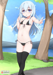 1girl artist_name bare_arms bare_shoulders bikini black_bikini black_thighhighs blue_eyes blue_hair blue_sky blush breasts cloud collarbone day english_text female_focus front-tie_bikini_top front-tie_top grass hair_between_eyes hibiki_(kancolle) highres kantai_collection loli long_hair looking_at_viewer mind_control navel outdoors parted_lips patreon_logo patreon_username plant rock side-tie_bikini_bottom sky small_breasts solo standing stomach swimsuit thighhighs tree v vahn_yourdoom watermark web_address rating:Questionable score:34 user:Domestic_Importer