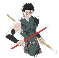  1boy ahoge black_hair commentary_request cropped_legs diarmuid_ua_duibhne_(lancer)_(fate) dual_wielding fate/zero fate_(series) gae_buidhe_(fate) gae_dearg_(fate) highres holding korean_commentary looking_at_viewer male_focus mole mole_under_eye pectorals polearm potato_goril sanpaku short_hair sidepec single_bare_shoulder smile solo spear toned toned_male weapon white_background yellow_eyes 