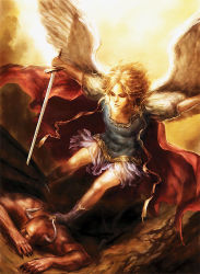  angel angel_wings blonde_hair boots cape demon demon_wings closed_eyes fantasy original realistic short_hair skirt sword tomoe_(artist) weapon wings 