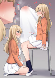  2girls blonde_hair blush breasts bulge earrings erection erection_lifting_skirt erection_under_clothes futa_with_futa futanari highres imminent_fellatio jewelry kneeling large_breasts long_hair looking_at_penis multiple_girls penis_awe school_uniform shiratori_serano sitting skirt smile tongue tongue_out  rating:Questionable score:173 user:aestelle
