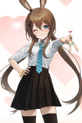  1girl ;) absurdres amiya_(arknights) animal_ears arknights beruko14 black_skirt black_thighhighs blue_eyes blue_necktie blush brown_hair collared_shirt commentary cowboy_shot finger_heart fingernails floating_hair hair_between_eyes hair_ornament hairclip hand_on_own_hip heart highres jewelry long_hair looking_at_viewer material_growth necktie one_eye_closed oripathy_lesion_(arknights) outstretched_arm petite pleated_skirt rabbit_ears rabbit_girl ring scrunchie shirt shirt_tucked_in skirt sleeves_rolled_up smile solo standing thighhighs tongue tongue_out twintails v very_long_hair white_shirt wrist_scrunchie 