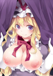  1girl bad_id bad_pixiv_id blonde_hair blush bow breasts breasts_out curtains dress elbow_gloves female_focus gloves hammer_(sunset_beach) large_breasts long_hair looking_at_viewer nipples purple_dress purple_eyes smile solo touhou upper_body white_gloves yakumo_yukari  rating:Questionable score:17 user:danbooru