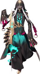  1boy 88_taho absurdres armored_boots asclepius_(fate) black_jacket blue_fire boots crossed_bangs doctor fate/grand_order fate_(series) fire full_body game_cg gas_mask glowing gradient_hair green_eyes grey_hair hair_between_eyes highres hood hood_up jacket long_hair long_sleeves looking_at_viewer male_focus mask masked mouth_mask multicolored_hair non-web_source official_art plague_doctor_mask red_hair respirator sleeves_past_fingers sleeves_past_wrists solo tachi-e transparent_background very_long_hair white_hair 