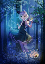  1girl absurdres arua black_bow black_bowtie black_hairband bow bowtie bug commentary_request firefly flower forest green_eyes green_skirt green_vest hairband hand_on_own_chest highres hitodama hitodama_print insect konpaku_youmu konpaku_youmu_(ghost) multiple_swords nature open_mouth outdoors puffy_short_sleeves puffy_sleeves sheath sheathed shirt short_hair short_sleeves skirt skirt_set solo sword touhou vest weapon white_hair white_shirt 