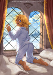  1girl ass back barefoot blonde_hair blue_eyes blush breasts commentary curtains dark-skinned_female dark_skin english_commentary feet happy light_rays looking_at_viewer maxa&#039; medieval medium_hair messy_hair morning patreon_username red_curtains see-through shiny_skin small_breasts snowing soles solo sparkling_eyes stone_wall sunrise tild_-_mage_a_louer tild_framith toes tomboy waking_up wall watermark web_address window yellow_trim 