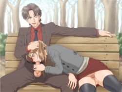  2boys androgynous bad_id bad_pixiv_id bench black_thighhighs blonde_hair blue_eyes blush clothed_sex clothes_lift crossdressing erection fellatio foreskin formal hand_on_another&#039;s_head jewelry long_hair male_focus miniskirt multiple_boys nature necktie no_panties oral original outdoors park_bench pencil_skirt penis public_indecency red_skirt ring sitting skirt skirt_lift skirt_suit sky suit testicles thighhighs trap tsutsumi_keisuke uncensored yaoi  rating:Explicit score:409 user:pantsukiller