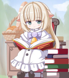  .live 1girl animal_ears basket blue_eyes blunt_bangs blurry blurry_background blush book bread chair closed_mouth commentary_request food gloves highres hime_cut light_brown_hair long_hair looking_at_viewer merry_milk pile_of_books sheep_ears shizukanahoshi sitting smile solo virtual_youtuber 